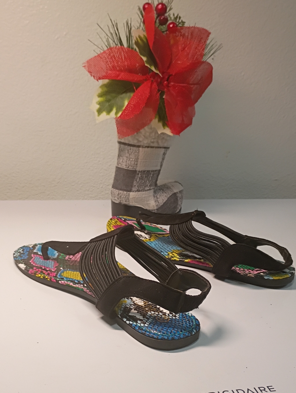 Rouge! Black Strappy Sandals with Colorful Patterned Footbed